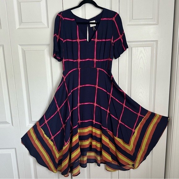 HD In Paris Anthropologie Dress Womens 6 Windowpane Plaid Striped Midi Fit Flare - Picture 2 of 13